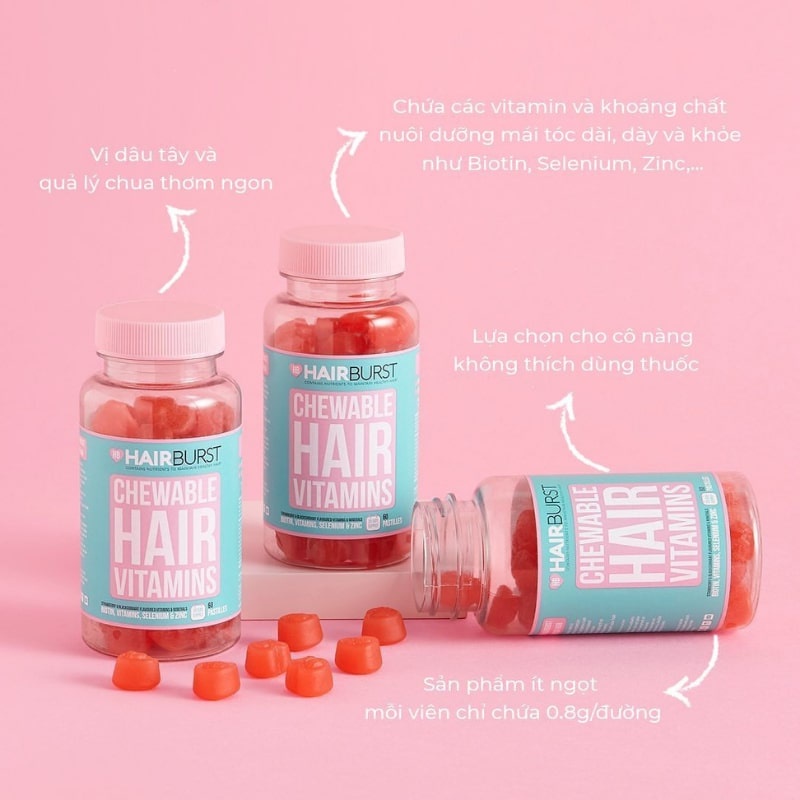 Kẹo dẻo vitamin chăm sóc, kích thích mọc tóc HAIRBURST chewable hair vitamins 60 gram