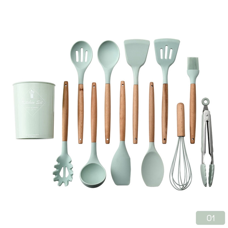 NA| Silicone Kitchen Cooking Utensils Natural Wood Handle Cooking Tools Turner Tongs Spatula Spoon with Organizer - Blue
