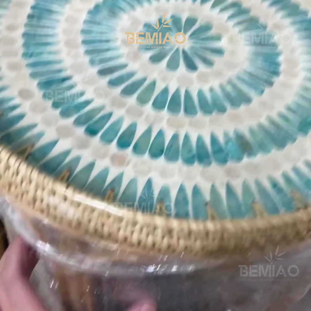 Bàn trà mây tre mặt khảm trai BEMIAO vintage decor | Thủ công mỹ nghệ xuất khẩu, bàn mini,bàn cafe decor không gian sống | BigBuy360 - bigbuy360.vn