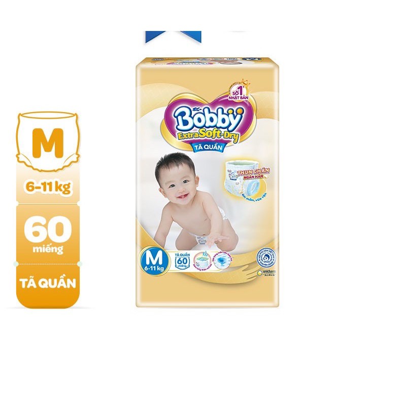 [MẪU MỚI M60] Tã quần cao cấp Bobby Extra Soft Dry Size M60 miếng cho bé 6-10kg