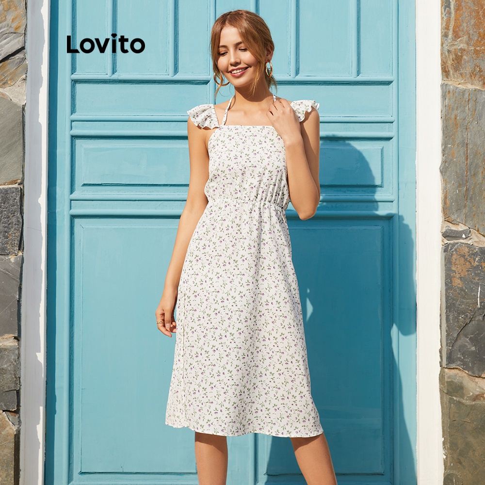 Đầm Lovito dây buộc sau lưng xếp nếp họa tiết hoa nhí phong cách thường ngày L14D003 (Màu trắng)