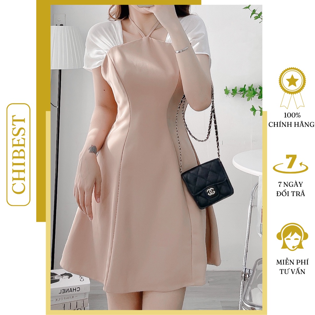 Đầm chữ A cổ yếm phối tay voan chất tuyết mưa dày dặn sang chảnh CHIBEST HDB92