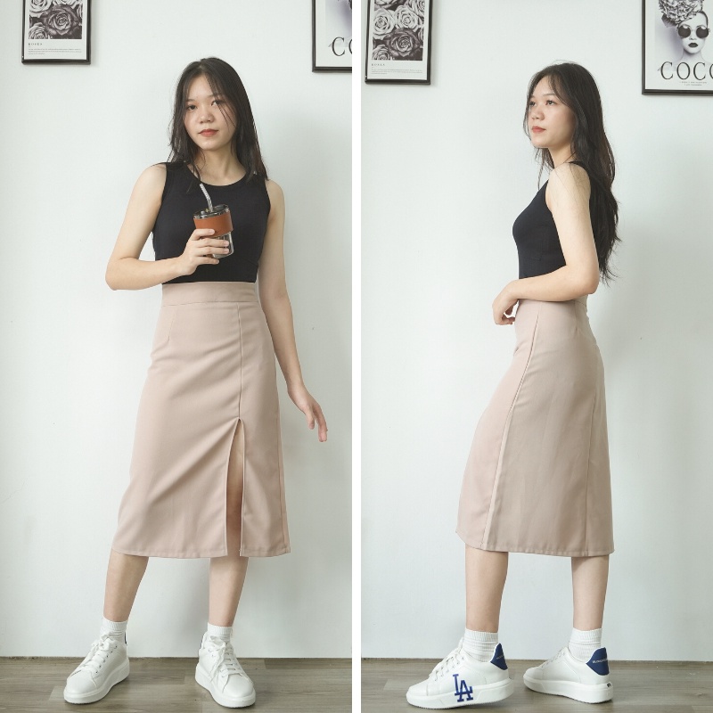 Chân váy Midi xẻ tà dài dáng suông đơn giản cá tính phong cách sang trọng có big size Mely's Fashion CV23