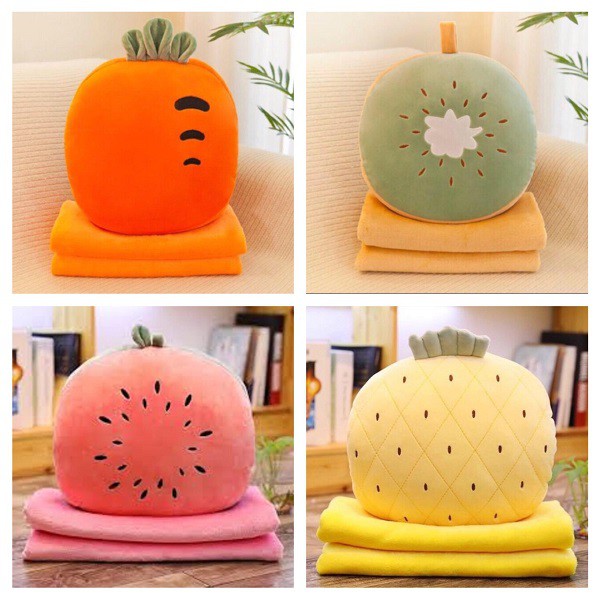 Bộ chăn gối 2in1 trái cây Kiwi, Dưa hấu, Cà rốt, dứa vàng dễ thương êm ái cho giấc ngủ ngon