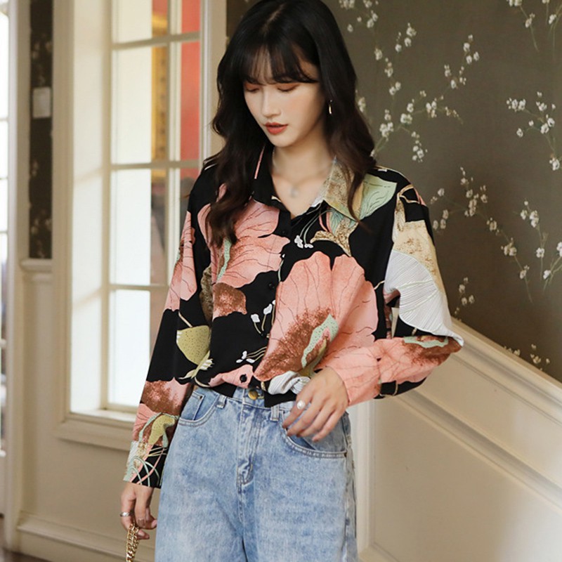 Áo Sơ Mi Voan Tay Dài Dáng Rộng In Họa Tiết Hoa Thanh Lịch Phong Cách Retro Cho Nữ