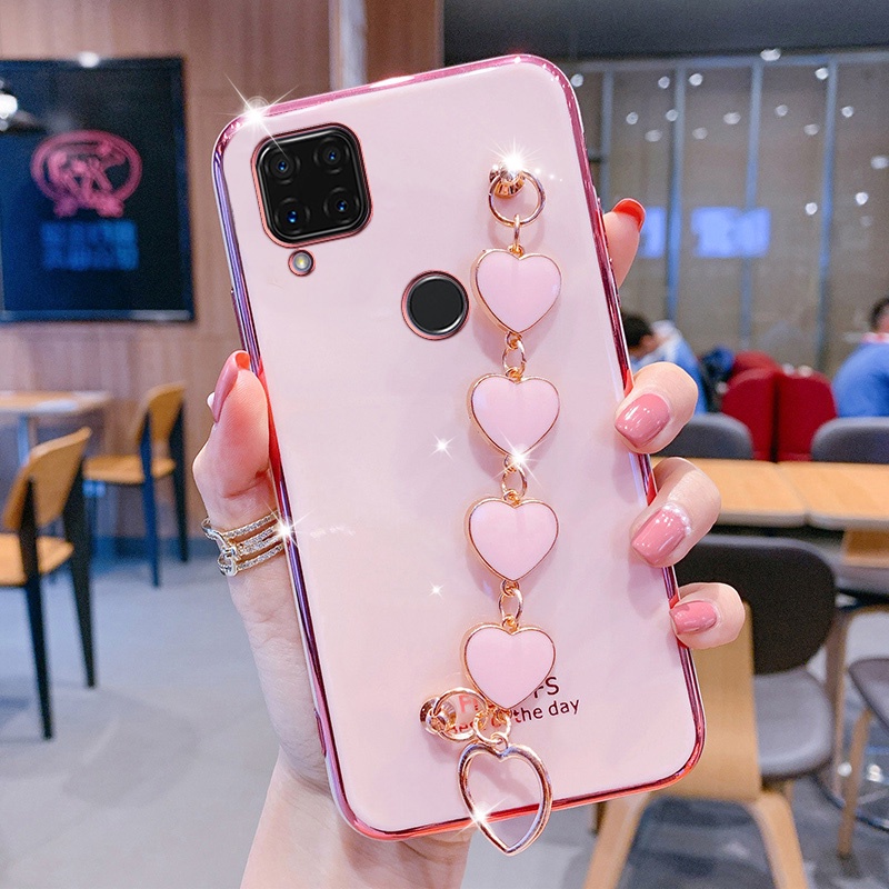 Ốp Điện Thoại Silicon Có Dây Đeo Họa Tiết Trái Tim Cho Realme C15 C12 C25 C11 C21 C21Y C35 C55