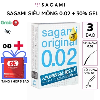 Bao cao su Sagami 002 Original thêm 30% gel Siêu mỏng Non Latex 3 bao/hộp trơn bóng ôm khít chống tuột kéo dài thời gian