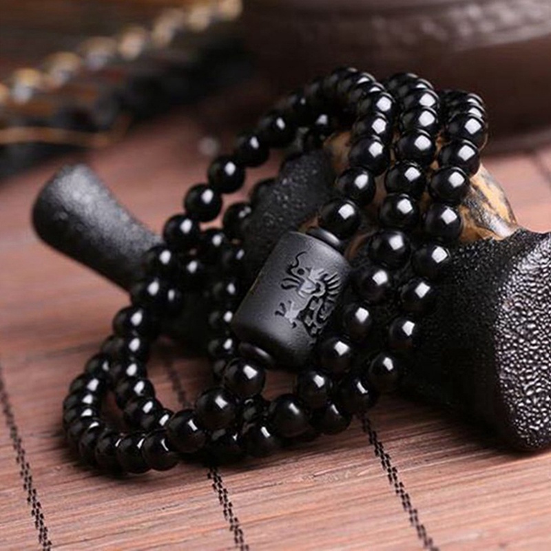 Chuỗi Hạt Đá Obsidian Đen Tự Nhiên 10MM Đeo Tay Phong Cách Phật Giáo|Vòng Tay Chuỗi Hạt