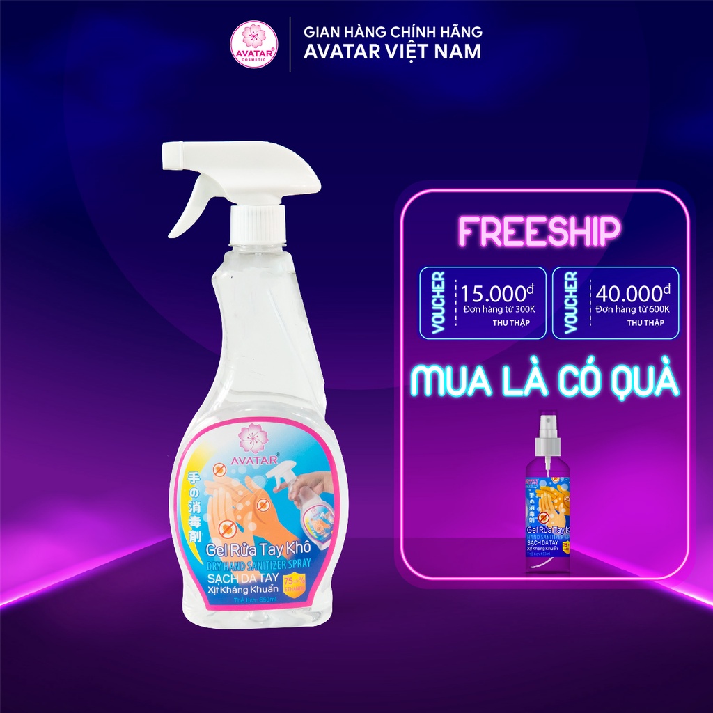 Xịt Rửa Tay Khô Diệt Khuẩn Vượt Trội, X3 Dưỡng Ẩm Không Gây Khô Da AVATAR 650ml