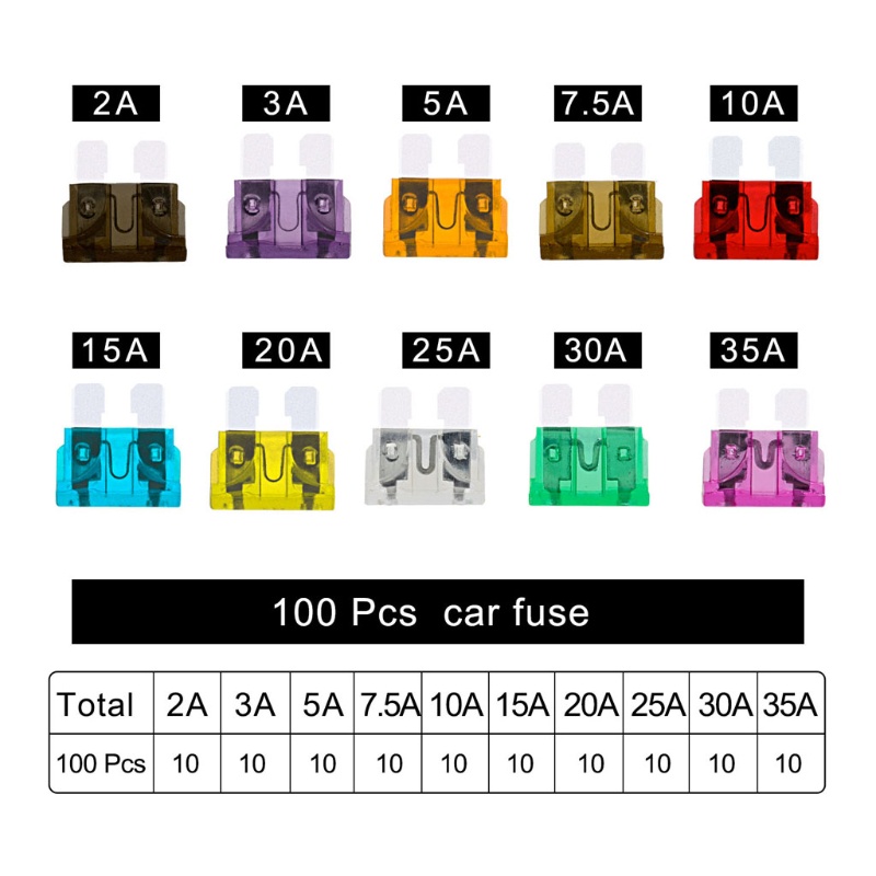 Set 100 Cầu Chì Lưỡi Dao 2A 3A 5A 7.5A 10A 15A 20A 25A 30A 35A Cho Xe Ô Tô / Tàu Thuyền