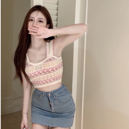 Áo Hai Dây Dệt Kim Họa Tiết Hoa Quyến Rũ Thời Trang Hàn Quốc Cho Nữ