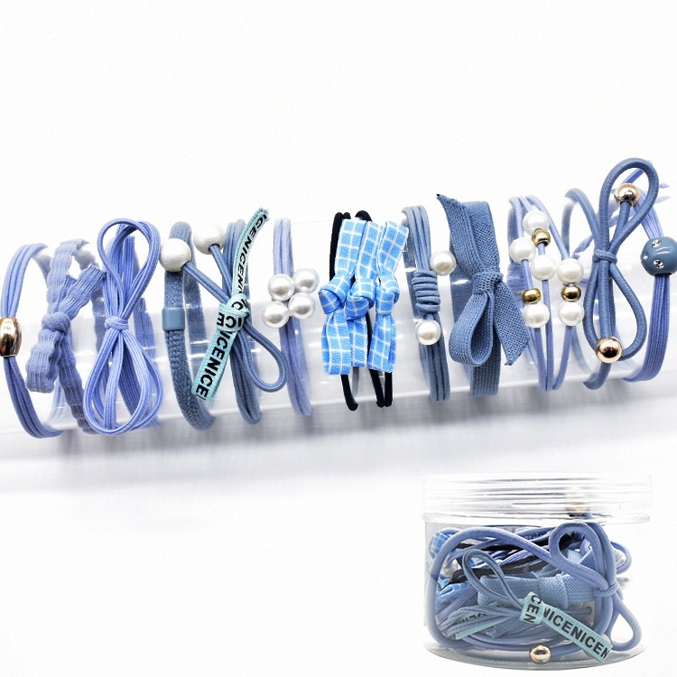 Set 12 cột tóc kèm hộp vải thun hạt châu chữ đơn giản tiện lợi CB33