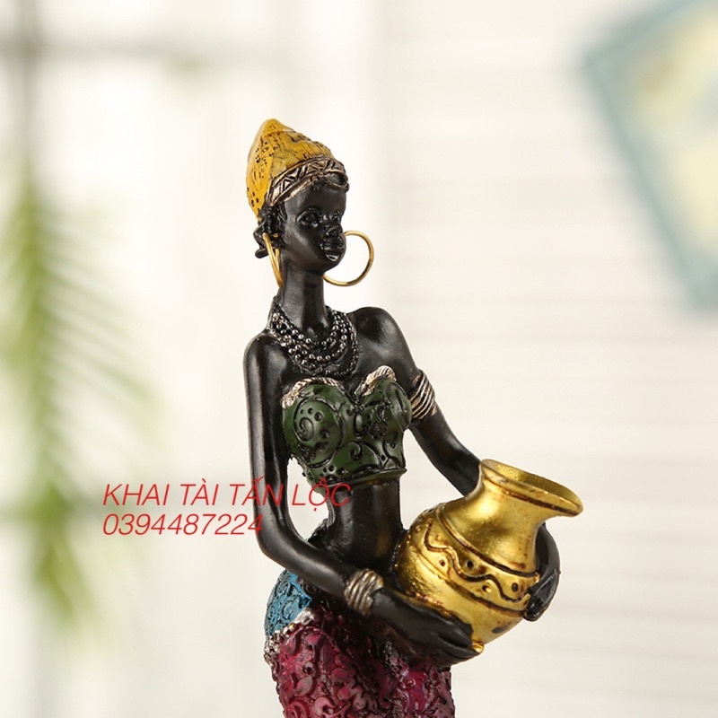 Bộ 2 tượng cô gái Châu Phi cầm bình nước trang trí cao 17cm