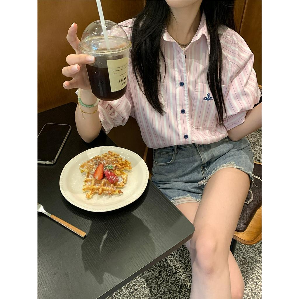 Áo Sơ Mi Kẻ Sọc Dáng Rộng Ngắn Tay Thời Trang Cao Cấp 64236