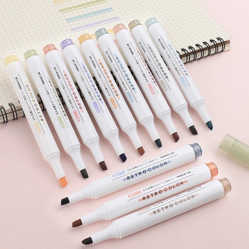 |05 mẫu mới| Bộ 06 bút dạ quang Vience highlight siêu hot 2 tông Retro morandi xinh xắn bút đánh dấu ghi nhớ