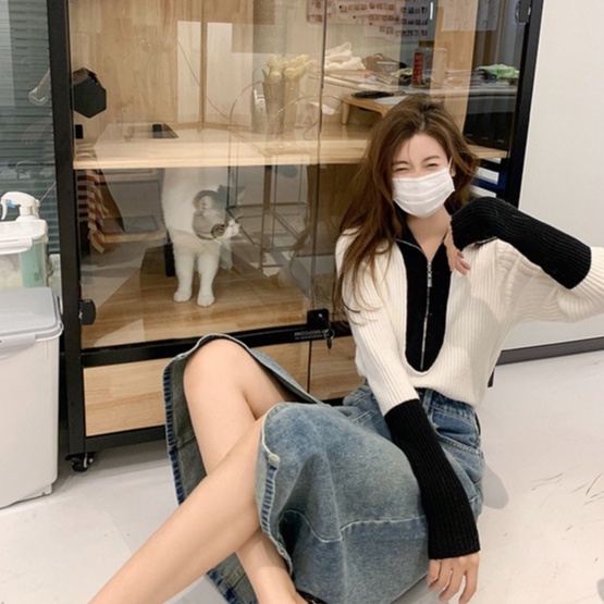 Áo sweater dệt kim ZHELIHANGFEI tay dài cổ polo phối khóa kéo thời trang