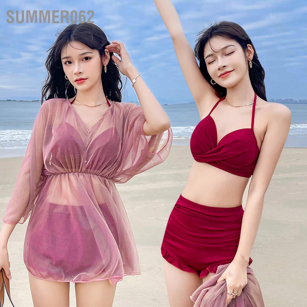 Summer062 Bộ đồ bơi nữ ba mảnh với bộ bikini che kín đáo Đồ đi tắm biển phù hợp bãi mùa hè