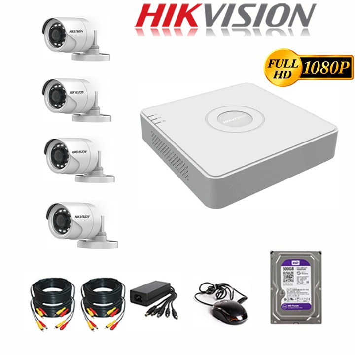 Trọn Bộ Camera Hikvision 2MP FHD 1080P - Hàng chính hãng [Bộ 1-4 2MPX] - Đầy đủ phụ kiện + Ổ Cứng 500GB