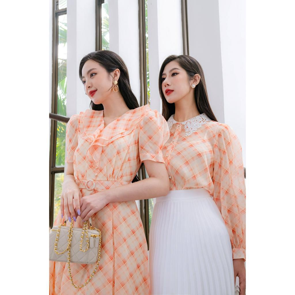 Áo tơ kẻ cổ ren-Kẻcam_LALYA_A255