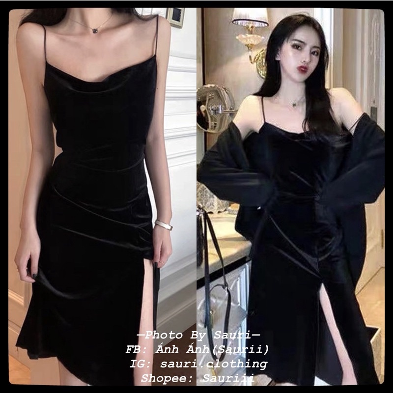 SẴN🖤Đầm tiểu thư đi tiệc hai dây nhung ôm body trơn basic sang chảnh|Đầm suông xẻ sexy dây quyến rũ dáng dài cổ đổ