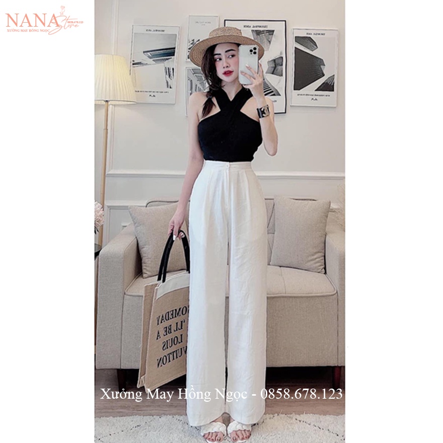 Quần đũi ống rộng nữ bigsize dáng suông dài cạp chun lưng thun co giãn màu Trắng Đen Kem vải xước trơn Nhật Hàn đi biển