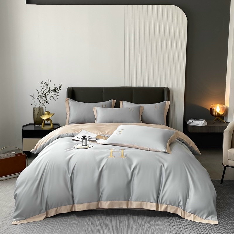 Set Chăn Ga Gối Lụa Chữ &quot;H&quot;_Hàng Nhập Khẩu Cao Cấp Nguyên Tem Mác Túi