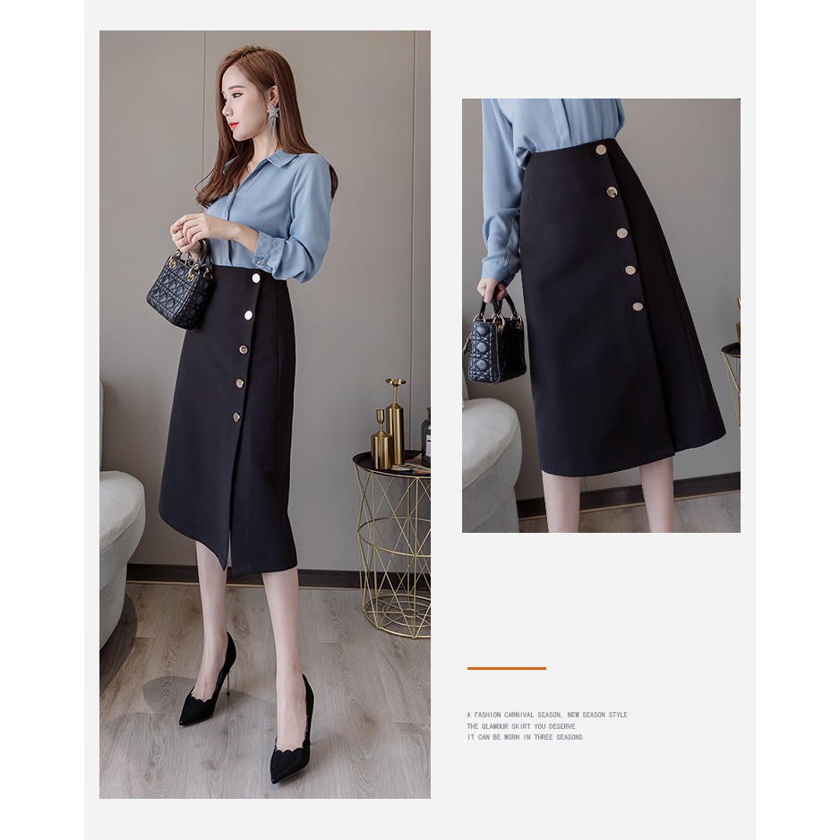 Chân váy công sở nữ dáng dài đính khuy điều chình theo thông số người mặc che khuyết điểm tôn dáng chân dài đi làm