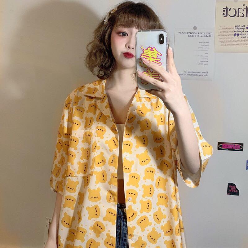 Sơ mi tay lửng gấu pooh vàng chất lụa mềm unisex cryaotic10