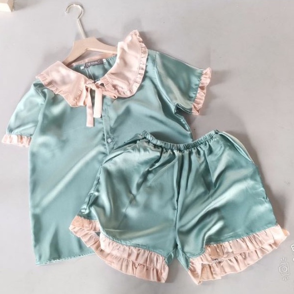 Bộ ngủ nữ pijama bèo tiểu thư chất phi lụa tay cộc quần đùi mặc nhà thoải mái dễ thương giá rẻ H50