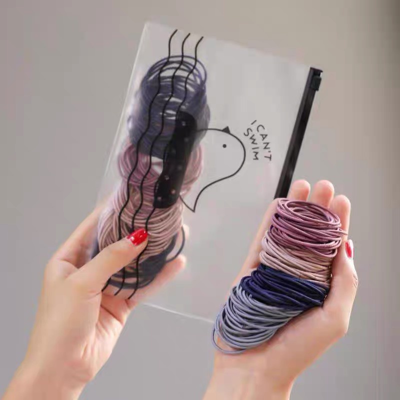 Dây cột tóc set 100 sợi co giãn nhiều màu, thun buộc tóc kèm túi zip phong cách hàn quốc MINIGIRL D1