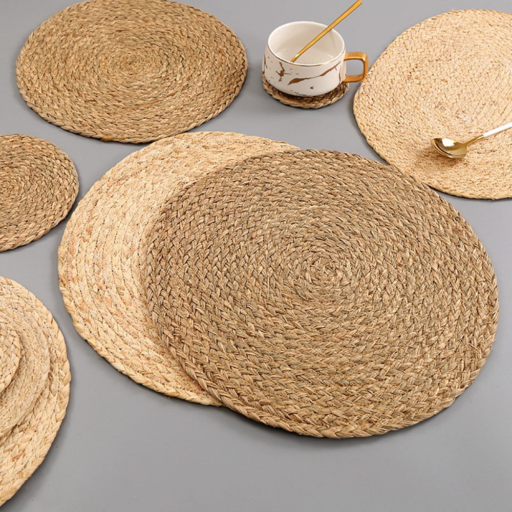 INSTORE Corn Hull Placemat Weave Home Decor Coaster Heat Insulation Kitchen Dinner Round Table Mats Handmade Table Pads