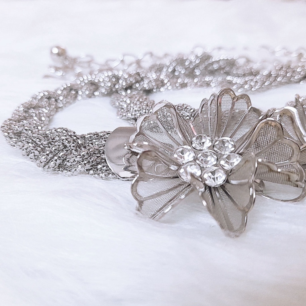 Dây đai váy 3 bông hoa đính đá, thắt lưng móc xích hợp kim nữ