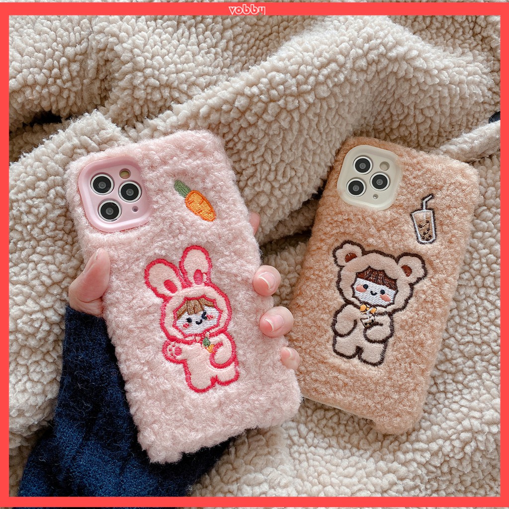 Ốp lưng nhựa dẻo kết hợp vải lông hình con gấu và thỏ cho iPhone12 mini 11 PRO MAX 7/8plus SE2020 X/XS XR XSMAX