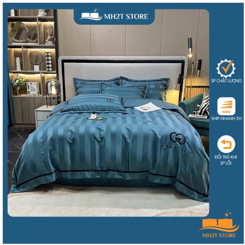 Bộ chăn ga gối lụa silk kẻ sọc 3 phân C&G MH2T STORE
