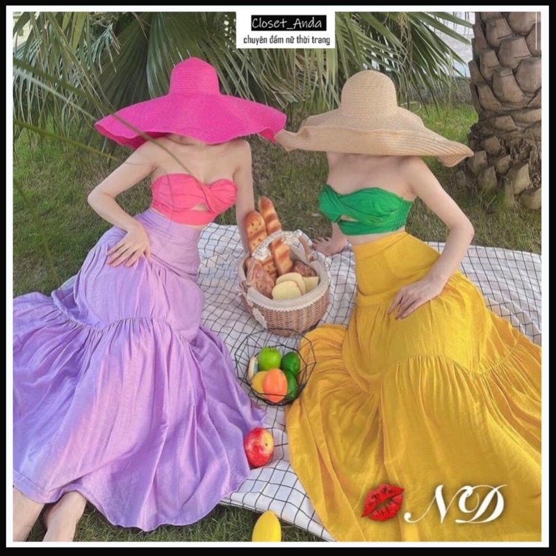 Set đầm maxi áo bra mocking sau lưng chân váy xòe 3 tầng 🔥FREESHIP🔥 váy maxi đi biển cup ngực sexy quyến rũ