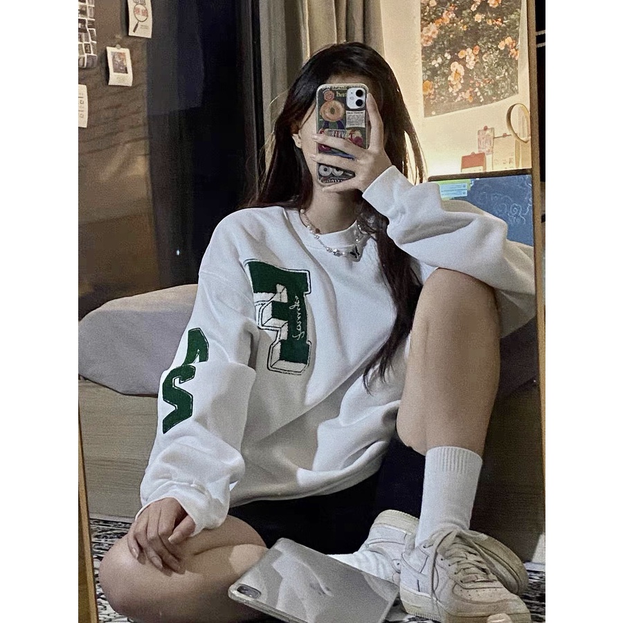Porozi  Áo sweatshirt cổ tròn họa tiết chữ phong cách Hàn Quốc cho nữ