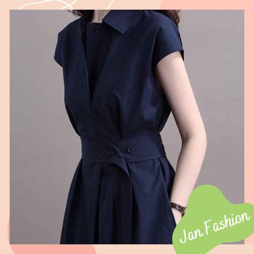 Váy sơ mi xanh than cộc tay thắt eo