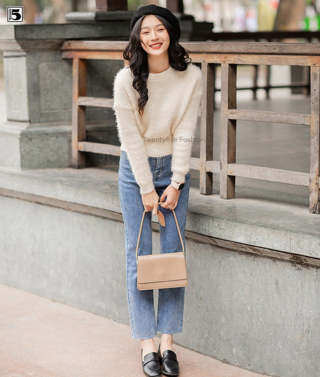 Quần jeans nữ ống đứng, gấu cắt, vải co dãn Twentyfive 3637