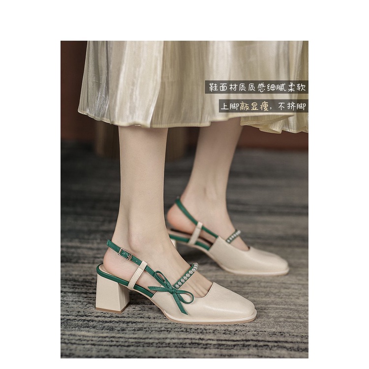 Giày Sandal Cao Gót Mũi Vuông Đính Nơ Và Ngọc Trai Thời Trang Dành Cho Nữ Có Size Lớn 35-42 / 41 / 42