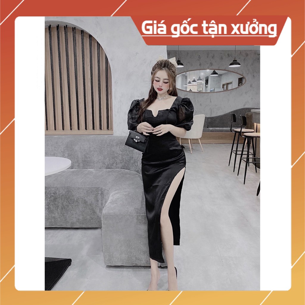 [LU25] Đầm Body Dự Tiệc Cổ Vuông Tay Ngắn Phồng Vai Bo Eo Xẻ Tà - Vải Lụa - 2 Màu Đen, Trắng - Dành Cho Nàng Đi Tiệc