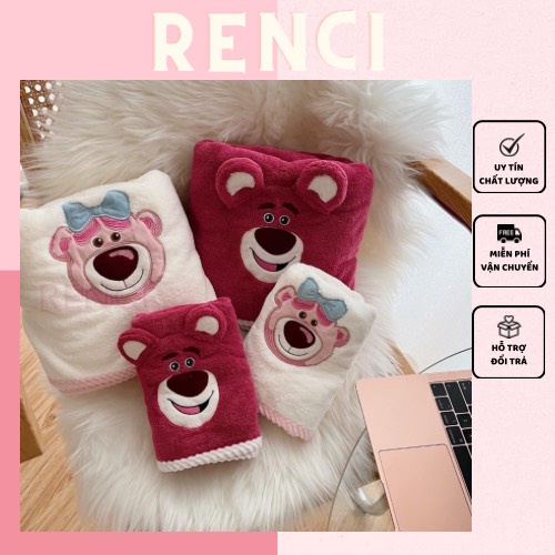 Set 2 khăn tắm vải lông cừu san hô mềm mại thấm hút không phai màu họa tiết chú gấu dâu tây xinh xắn