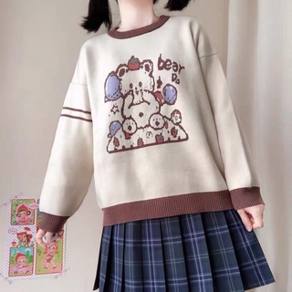 Áo sweater nhung dày dáng rộng họa tiết gấu thời trang Hàn Quốc