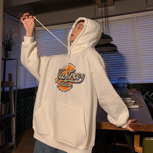 Áo Hoodies Tay Dài Hoạ Tiết Chữ In Thiết Kế Dáng Rộng Thoải Mái