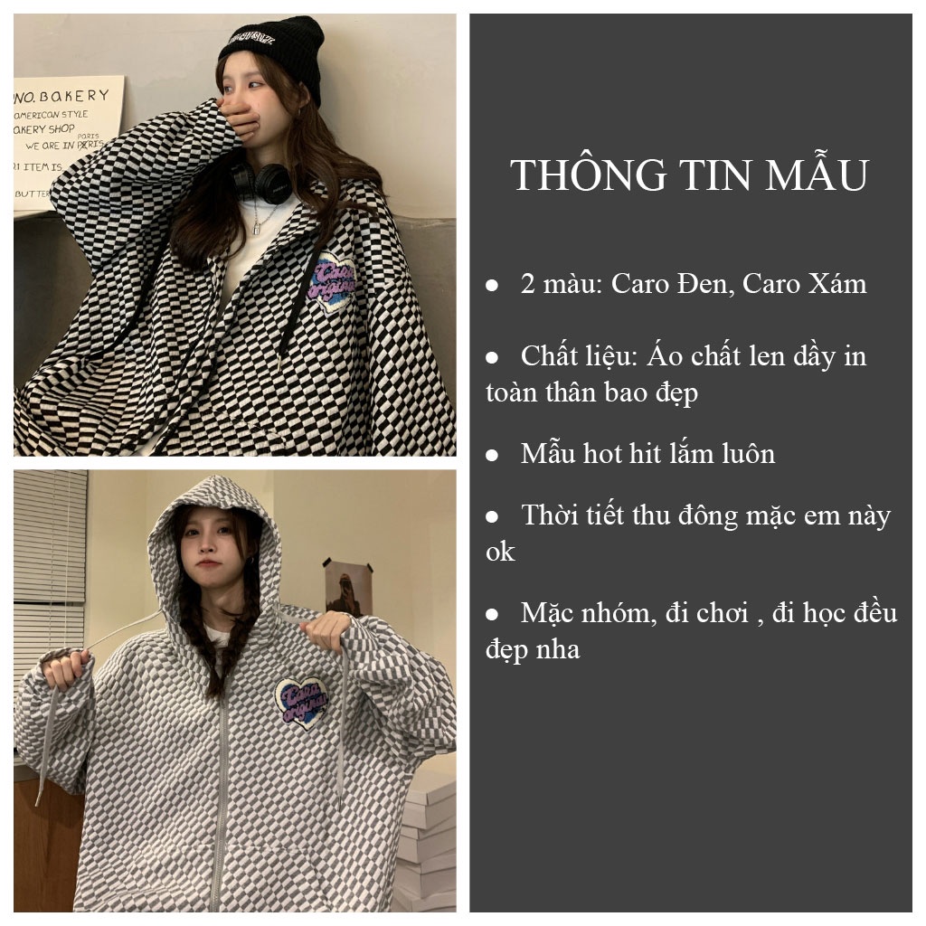 Áo khoác Hoodie họa tiết CARO khóa kéo form rộng chất len siêu dầy_VIETCEN | BigBuy360 - bigbuy360.vn