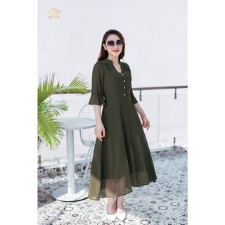 Đầm maxi trơn trung niên TTV1108 TTV Store cổ trụ kết nút tay chuông màu xanh rêu