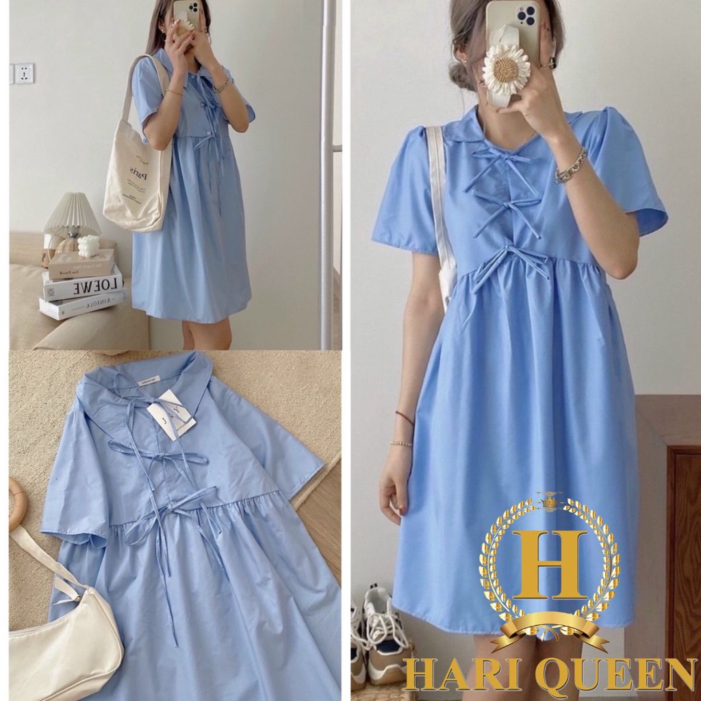 [RẺ VÔ ĐỊCH]  Váy Babydoll Xanh 3 Nơ - Váy cộc tay dáng xòe tiểu thư phong cách hàn quốc