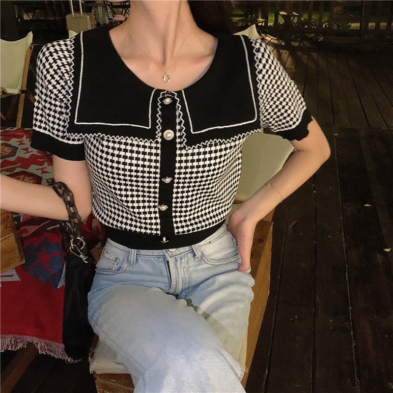 Áo dệt kim tay ngắn cổ búp bê thời trang mùa hè mới 2021 cho nữ