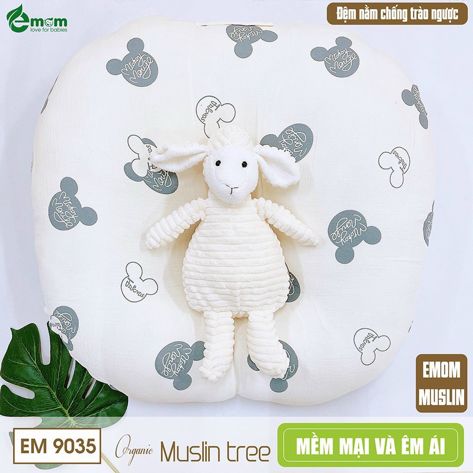 Emom - Gối chống trào ngược vỏ xô Muslin họa tiết xinh xắn cho bé