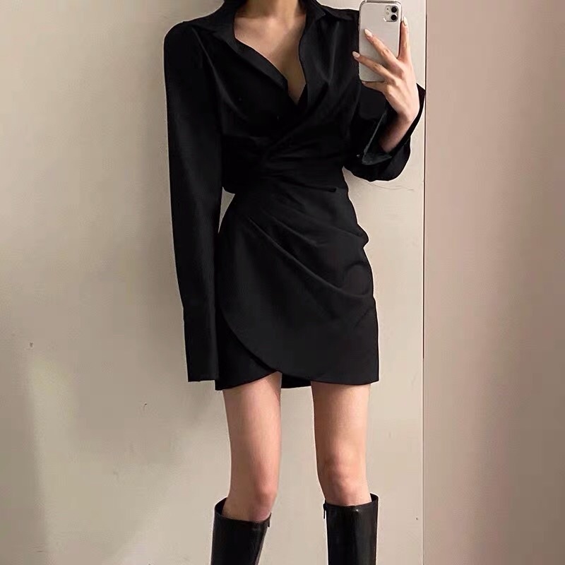 Váy sơ mi xếp ly eo dáng ngắn phong cách hàn quốc giành cho nữ