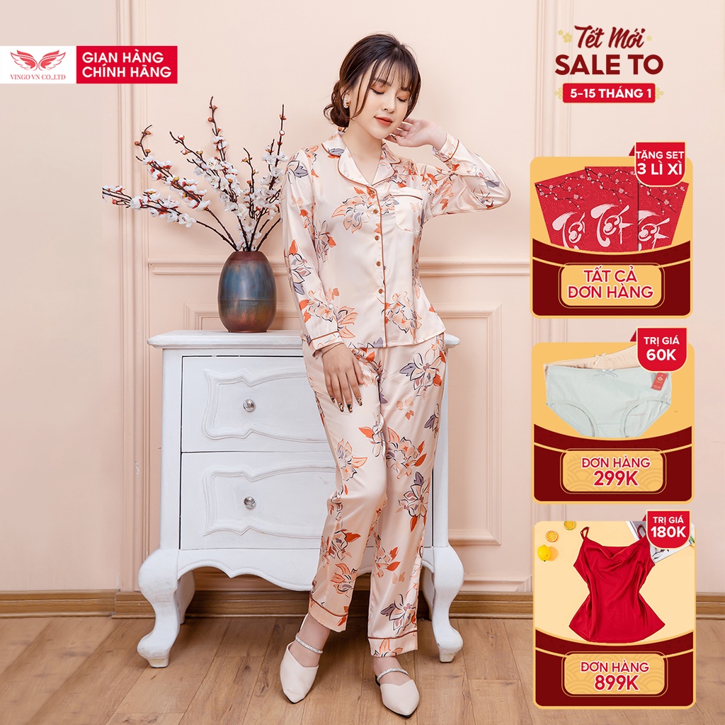 Bộ Đồ Nữ Pyjama Mặc Nhà VINGO Lụa Pháp Cao Cấp Áo Tay Dài Quần Dài Họa Tiết Hoa Lá Trẻ Trung Thu Đông H275 VNGO - TDQD